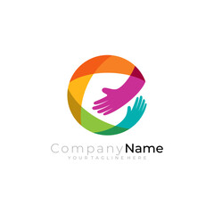 Letter E logo with hand acre design combination, colorful style
