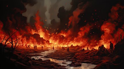 Flames voraciously consume the land, painting a scene of catastrophic despair and urgent environmental concern. Generative AI