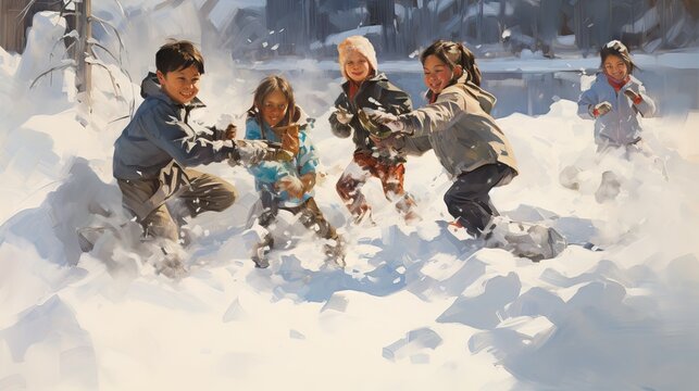 Kindergarten children gleefully dash and play on snow-covered streets, epitomizing winter’s innocent joy. Generative AI