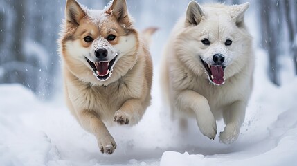 Joyous snow dogs frolic amidst winter's embrace, capturing the season's cold yet spirited essence. Generative AI