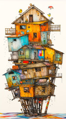 Illustration of colorful houses. House painting in oil and acrylic. Post-processed generative AI