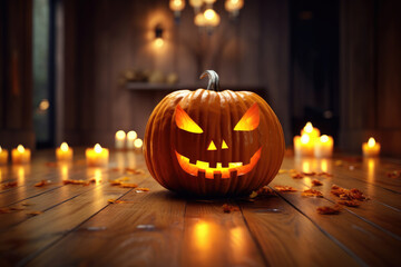 Fototapeta premium Halloween night. Candle lit Halloween Pumpkins. Halloween Backdrop with spooky pumpkins. Post-processed generative AI