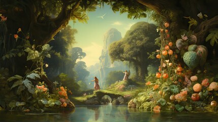 A lush depiction of the Garden of Eden, presenting nature's untouched splendor and divine serenity. Generative AI