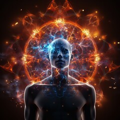 A person merged with technology. Glowing light, energy and fire surround them. Generative AI. 