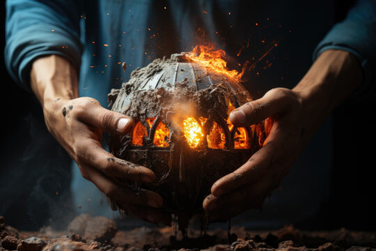 Hands crushing the Earth globe, symbolizing environmental issues and destruction. Generative Ai.