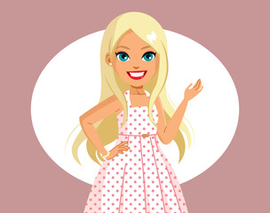 Vector illustration of blonde woman with fashionable white and pink dress dot patterned