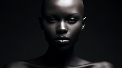 Beautiful young woman without hair. Fashion model face close up portrait
