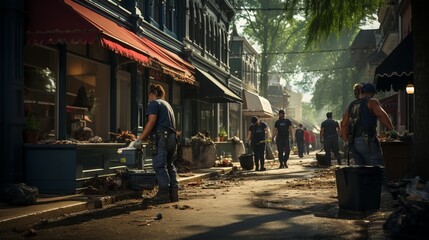 A group of volunteers cleaning up after a disaster, picking up trash. Generative AI. 