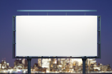 Blank white billboard on cityscape background at evening, front view. Mock up, advertising concept