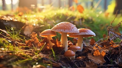 Autumn forest mushrooms on  field ,Rowan berry branch,morning dew water drops and grass,yellow leaves ,rainy season