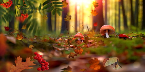 mushrooms in Autumn forest field ,Rowan berry branch,morning dew water drops and grass
