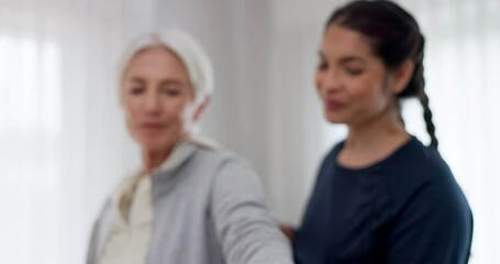 Woman, nurse and dumbbell in elderly care for physiotherapy, exercise or workout at old age home. Female doctor, caregiver or personal trainer helping senior patient in weightlifting for healthy body