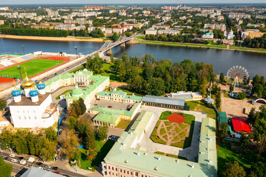 Bird's eye view of Volga and waterfront of Tver. Savior Transfiguration Cathedral seen from above.