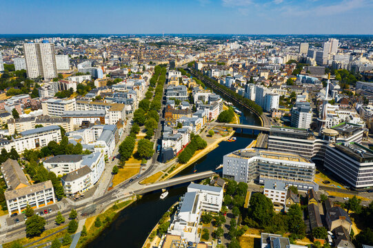 Panoramic view of Rennes city with modern apartment buildings , administrative center of Brittany region, France..