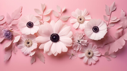 Fototapeta na wymiar Several white and pink flowers - anemones, daisies and branches on a seamless pastel pink background. Top view. Flat lay. Copy space for text. Generative AI 