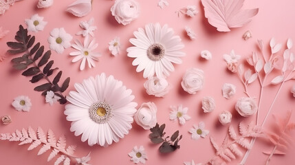 Several white and pink flowers - anemones, daisies and branches on a seamless pastel pink background. Top view. Flat lay. Copy space for text. Generative AI 