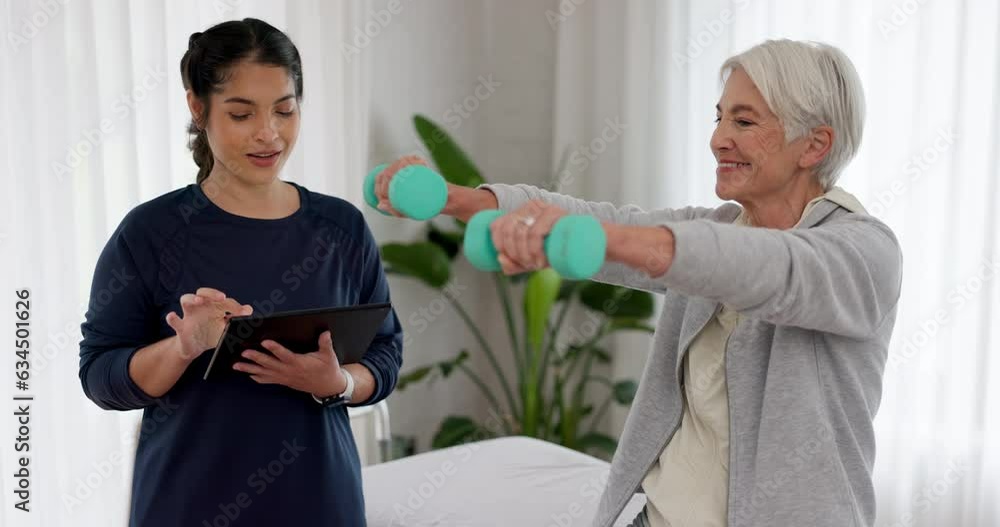 Sticker Physiotherapy tablet, old woman consultation and dumbbell workout, clinic healthcare or rehabilitation assessment test. Physical therapy, discussion or physiotherapist monitor arm exercise of patient