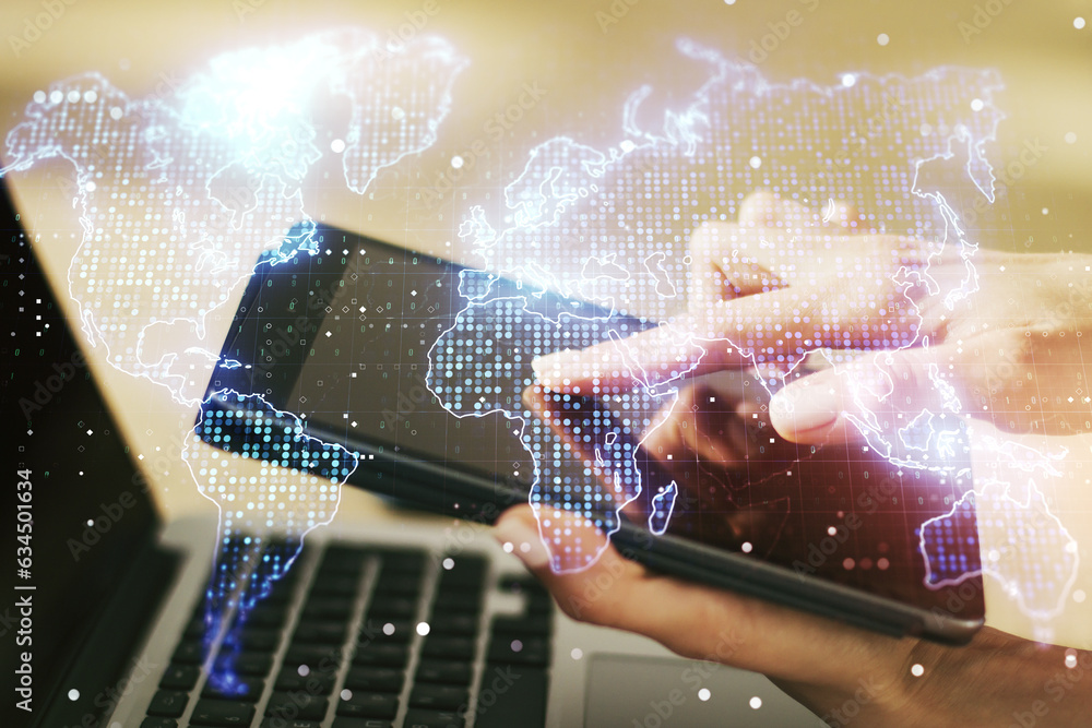 Poster Multi exposure of abstract graphic world map and hand working with a digital tablet on background, big data and networking concept