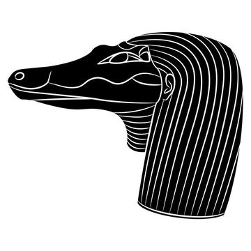 recommend clip art: Head of ancient Egyptian crocodile god Sebek or Sobek. Antique ethnic animal design. Black and white negative silhouette.