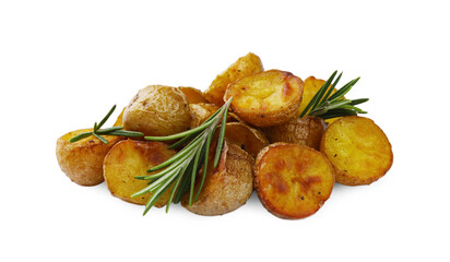 Pile of tasty baked potato and aromatic rosemary on white background
