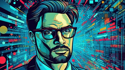 A man with glasses, Data privacy protection concept . Fantasy concept , Illustration painting.