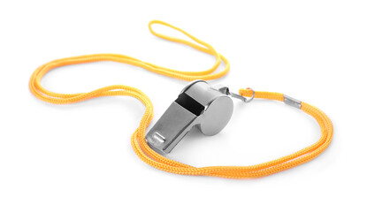 One metal whistle with cord isolated on white
