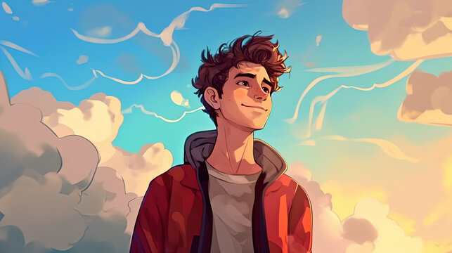 A handsome guy against the sky . Fantasy concept , Illustration painting.