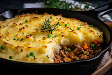 Bubbling, hot Shepherd's Pie in a skillet: Close-up of delicious, savory meal with mashed potatoes, paprika, and fresh herbs.