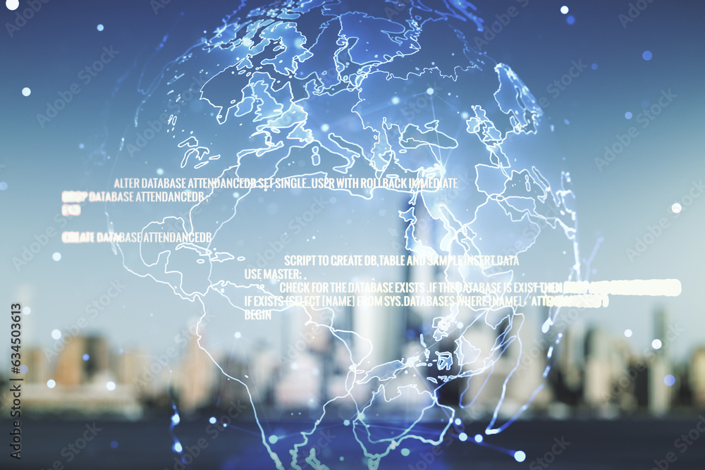 Poster multi exposure of abstract graphic coding sketch and world map on blurry skyscrapers background, big