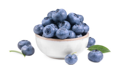 Fresh ripe blueberries and leaves isolated on white