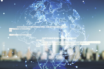 Multi exposure of abstract graphic coding sketch and world map on blurry skyscrapers background,...