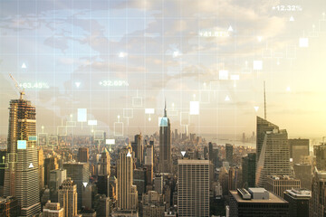 Abstract creative financial graph and world map on New York cityscape background, financial and...