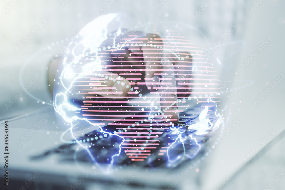 Poster double exposure of abstract digital world map with connections and hand typing on computer keyboard 