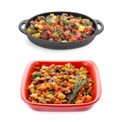 Tasty ratatouille in baking dishes isolated on white