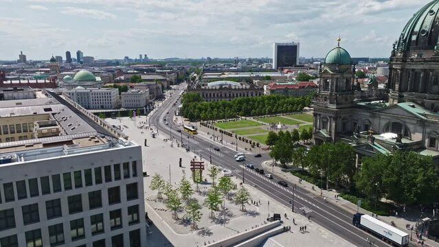 Aerial drone view of the boulevard Unter den Linden , Berlin mitte , Germany