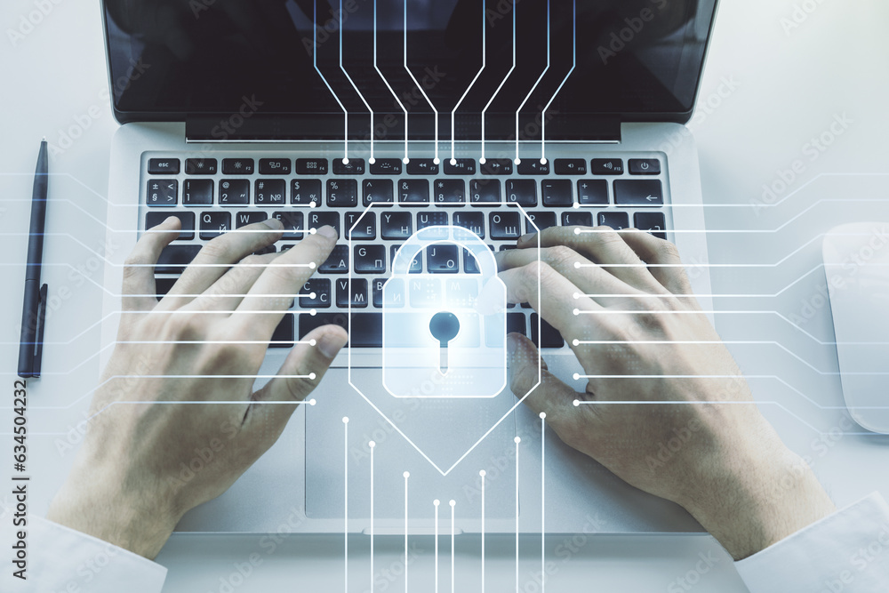 Leinwandbilder creative lock illustration with microcircuit and hands typing on computer keyboard on background, cy