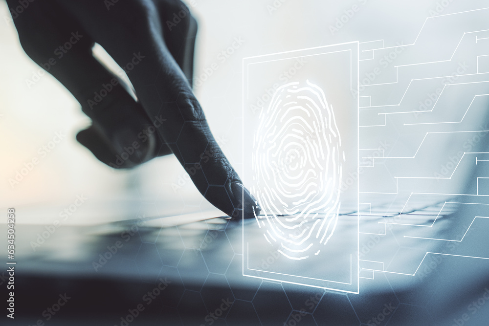 Poster multi exposure of creative fingerprint hologram with hands typing on computer keyboard on background
