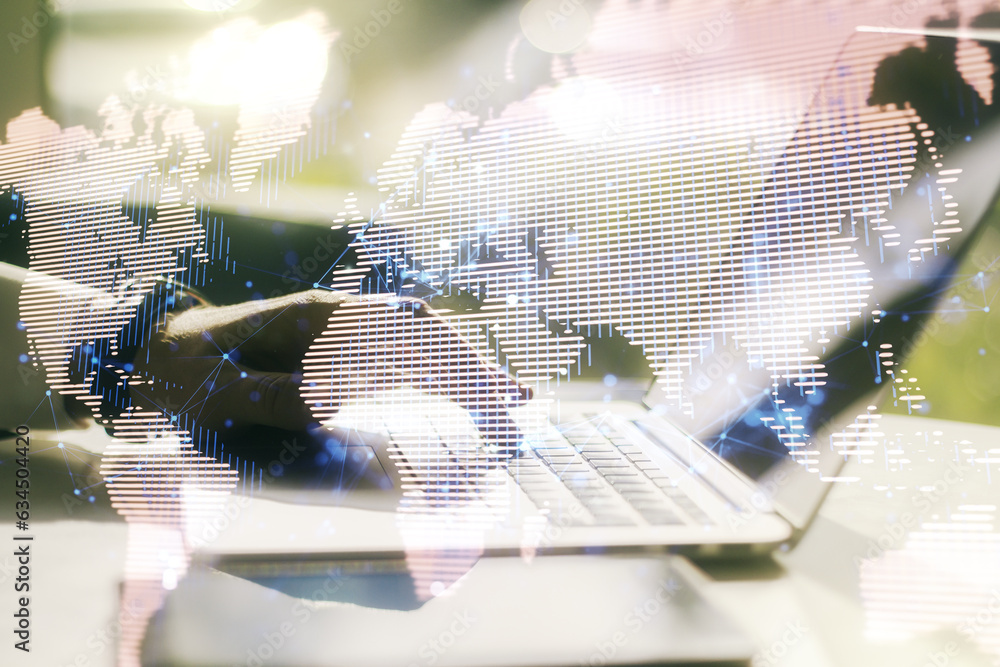Aufkleber double exposure of abstract digital world map and hand typing on laptop on background, big data and 