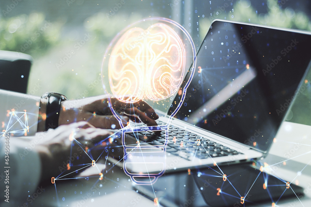 Poster creative idea concept with light bulb and human brain illustration and with hands typing on laptop o
