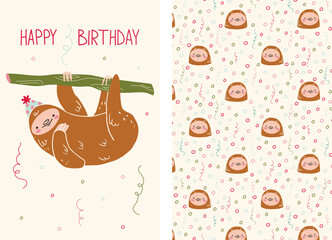a set of Happy Birthday cards and two patterns with a Cute Sloth.