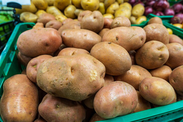 Potato. Healthy food in the market. Diets and proper nutrition. Background