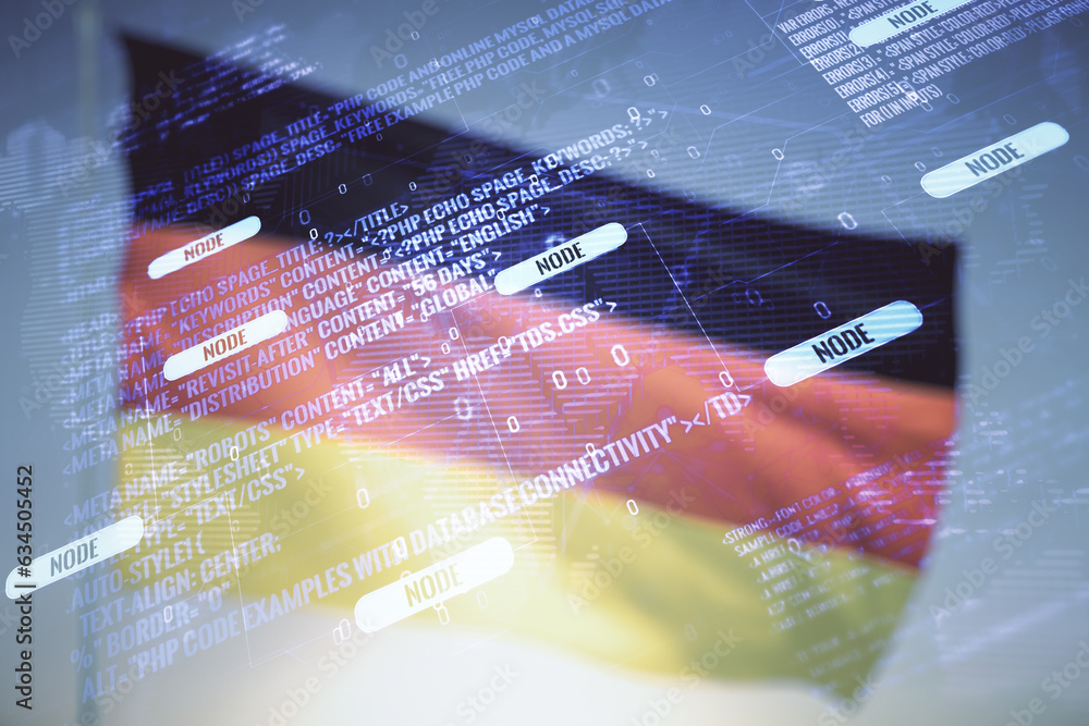 Aufkleber abstract virtual coding illustration and world map on german flag and sunset sky background, interna