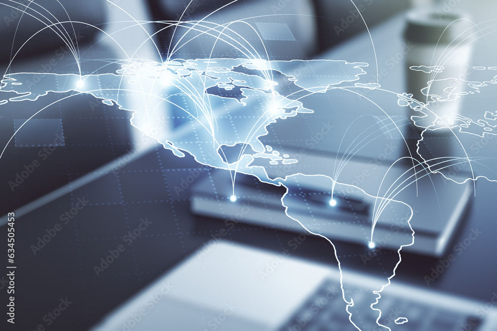 Poster double exposure of abstract digital world map with connections on computer background, big data and 