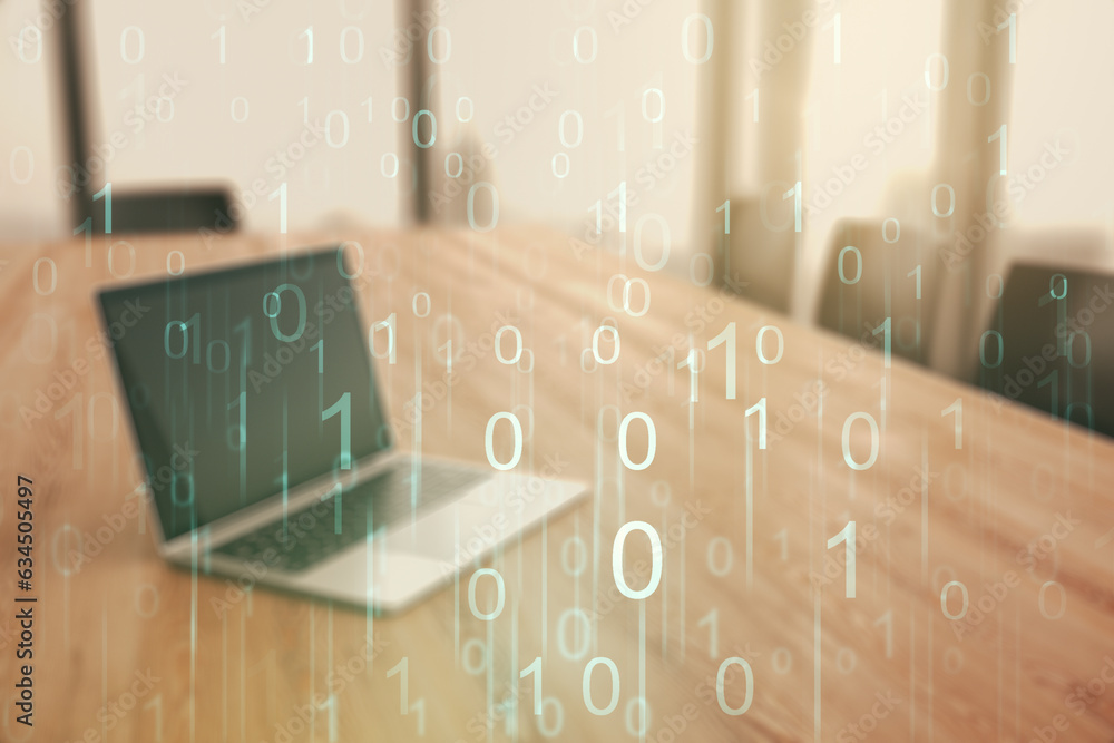 Leinwandbilder Creative abstract binary code hologram on modern computer background, AI and machine learning concept. Multiexposure
