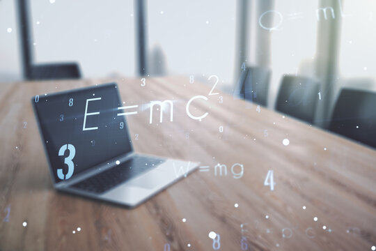 Creative scientific formula concept on modern laptop background. Multiexposure