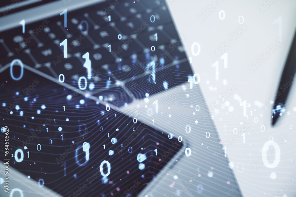 Aufkleber Creative concept of binary code illustration on modern laptop background. Big data and coding concept. Multiexposure