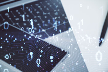Creative concept of binary code illustration on modern laptop background. Big data and coding concept. Multiexposure