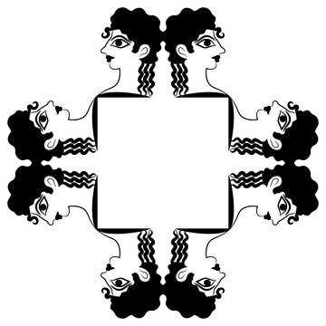 Square ethnic frame with heads of Cretan Minoan girls. Female portrait in profile. Pretty women or goddesses. La Parisienne fresco from Knossos. Black and white silhouette.