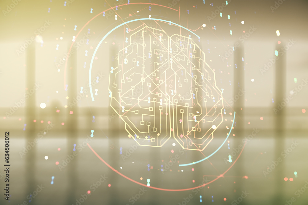 Aufkleber Double exposure of creative artificial Intelligence interface on empty modern office background. Neural networks and machine learning concept