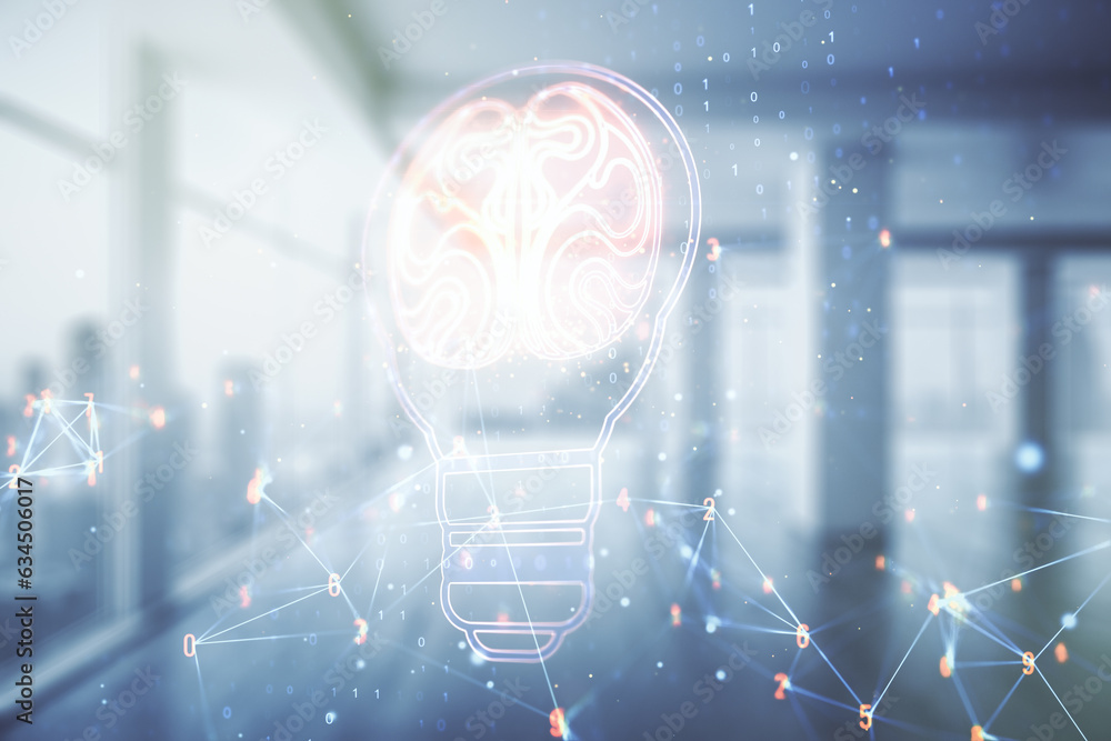 Aufkleber abstract virtual creative light bulb with human brain hologram on empty classroom background, artifi